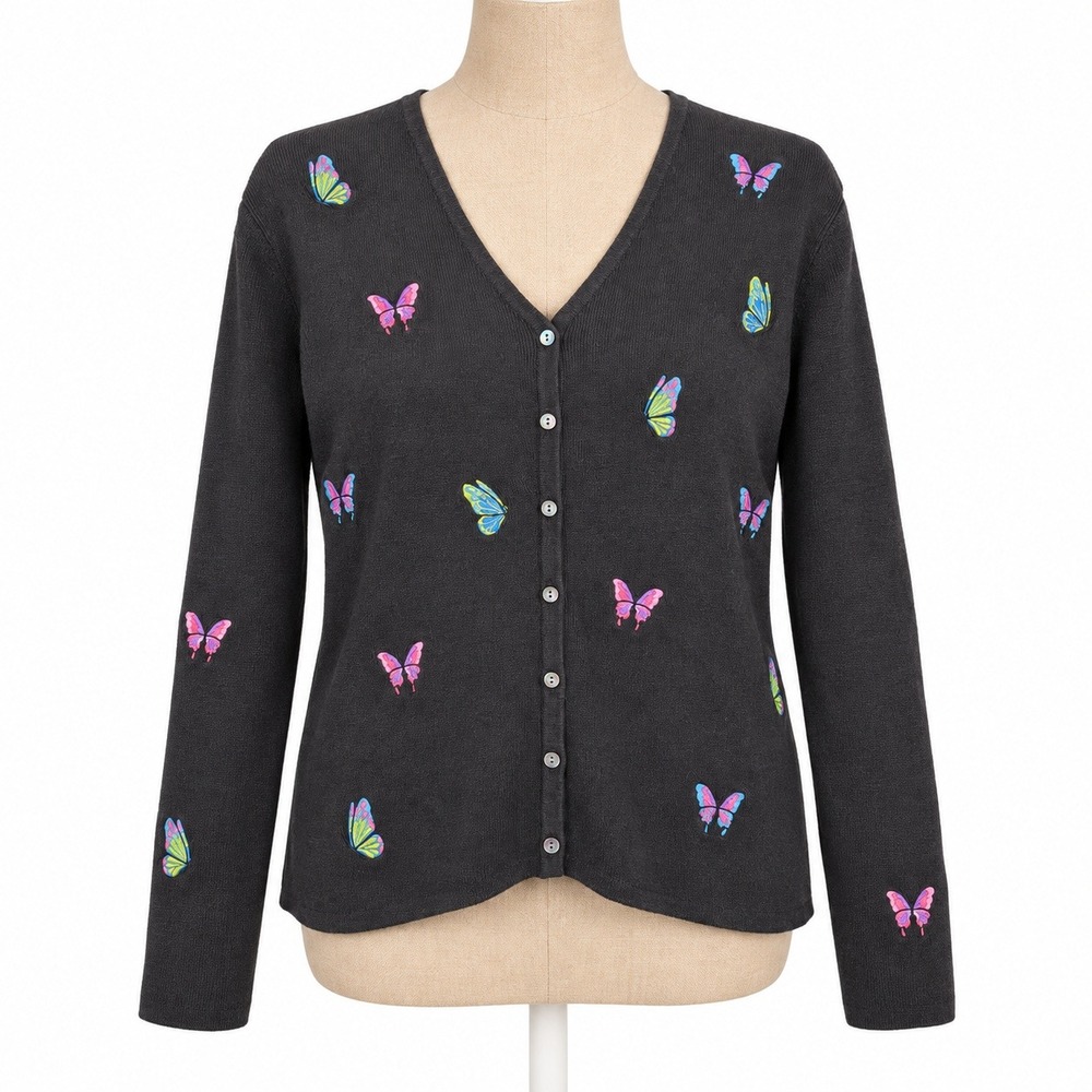 Vintage Y2K Eagles Eye Butterfly Embroidered Cardigan Size XL Black Cottagecore